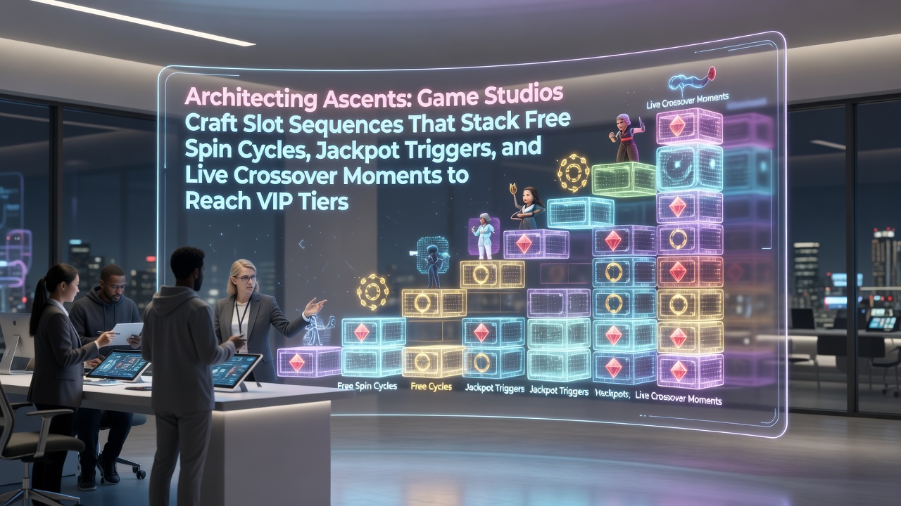 Game studio developers reviewing slot sequence designs on multiple screens showing free spin cycles and jackpot progressions