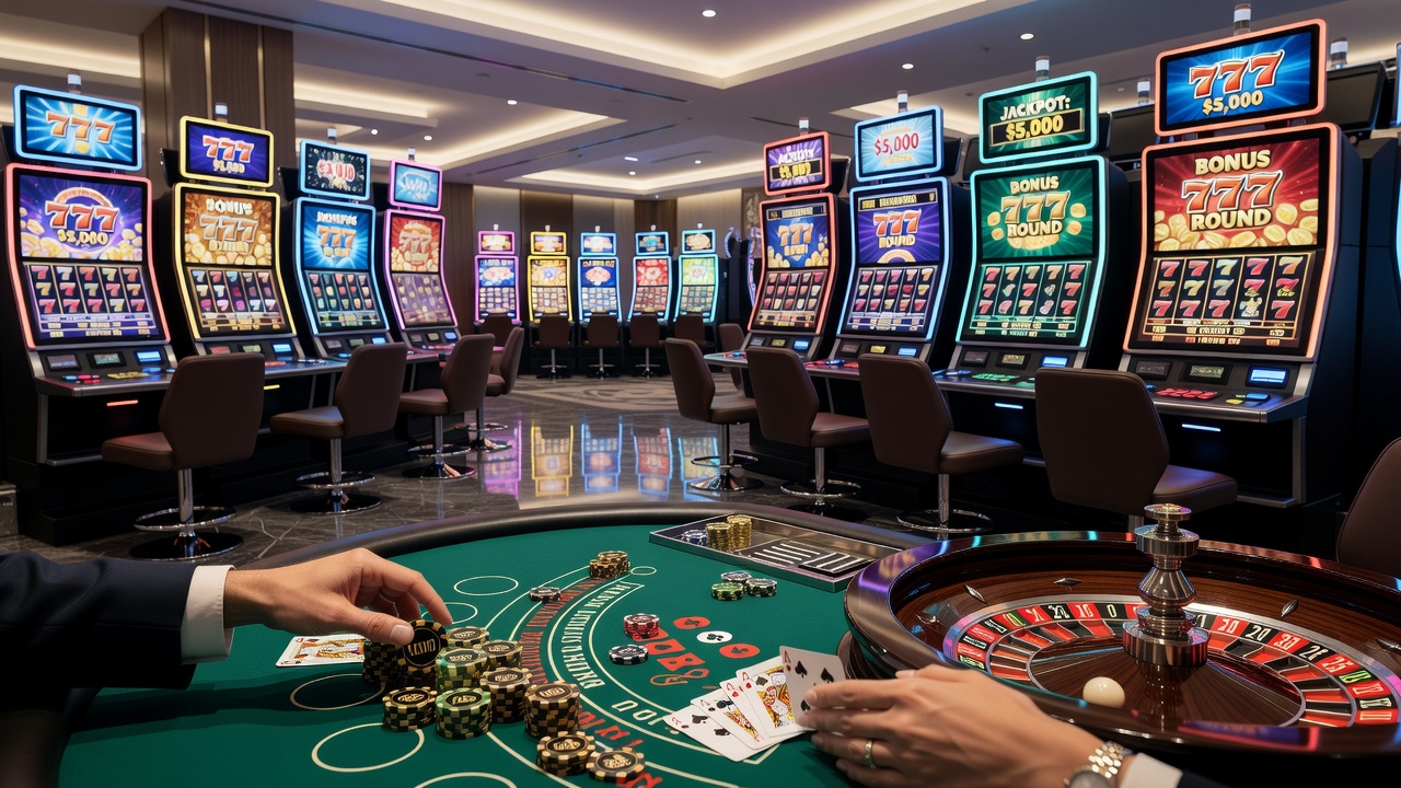 Overview of various casino game tables including roulette wheels and card layouts in a modern gaming hall