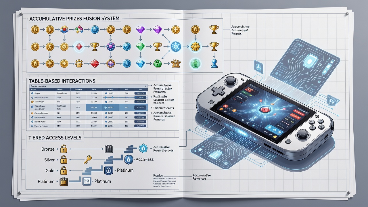 Mobile game interface showing integrated reward accumulation and tiered access elements on a handheld device screen