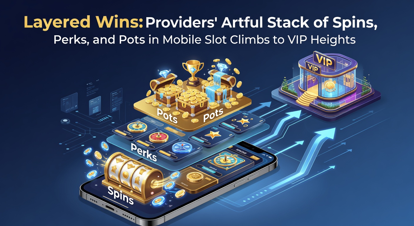 Dynamic screenshot of a mobile slot's VIP climb, featuring stacked free spin meters, perk icons unlocking progressively, and a massive jackpot pot overflowing at the peak