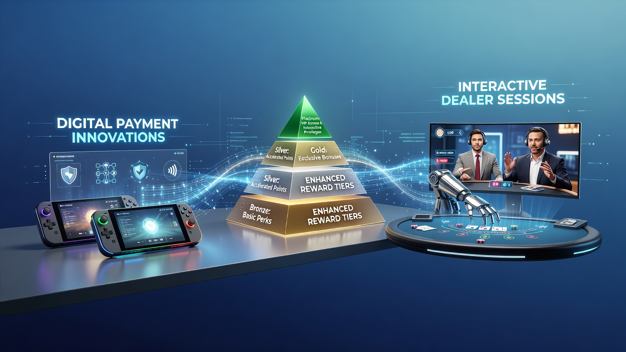 Mobile gaming interface showing digital payment integration with reward tiers and live dealer options