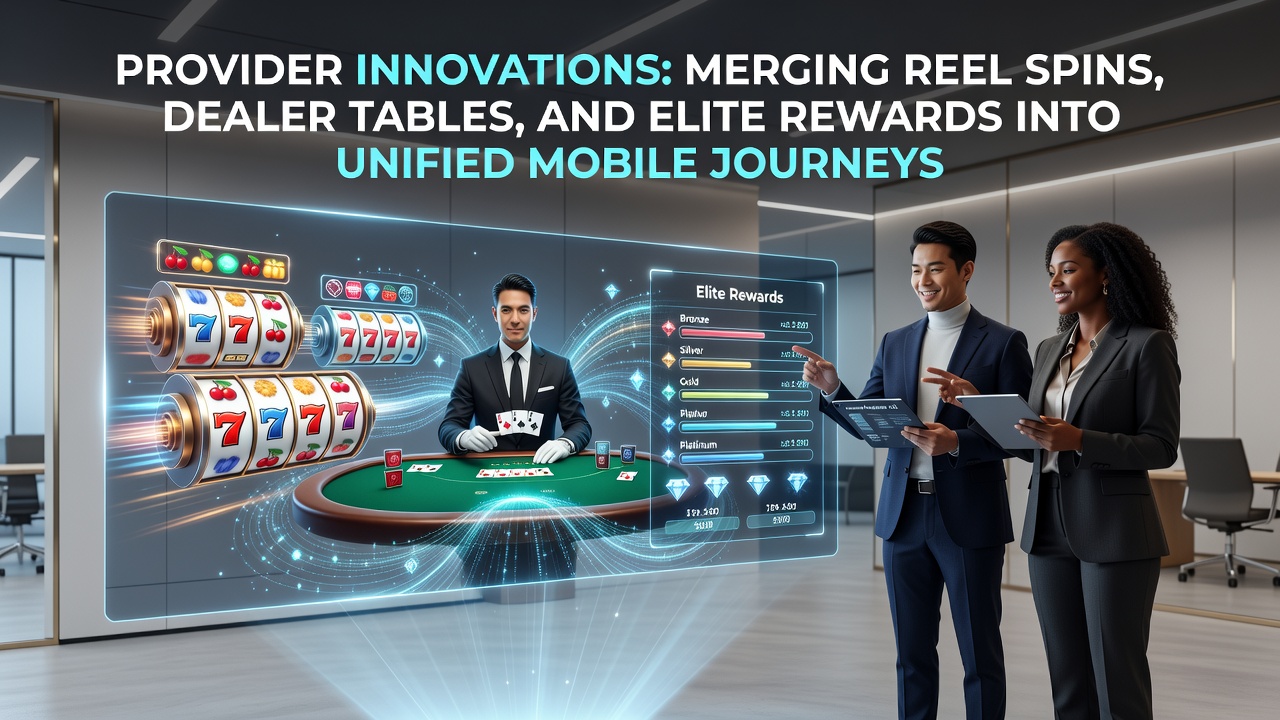 Mobile gaming interface showing integrated reel spins, live dealer tables, and reward progress bars in a single app view