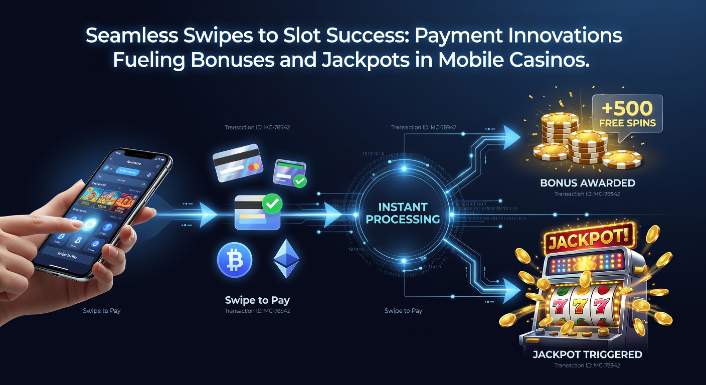 Close-up of hands tapping a smartphone to deposit funds into a mobile casino app, with animated slot reels, bonus icons, and exploding jackpots in the background, highlighting payment-driven excitement