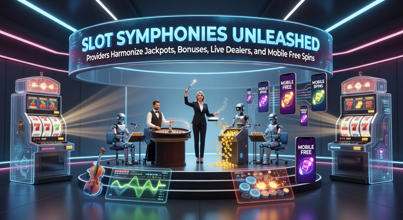 Vibrant slot machine reels blending jackpot symbols, bonus icons, live dealer interfaces, and mobile screens in a harmonious digital symphony