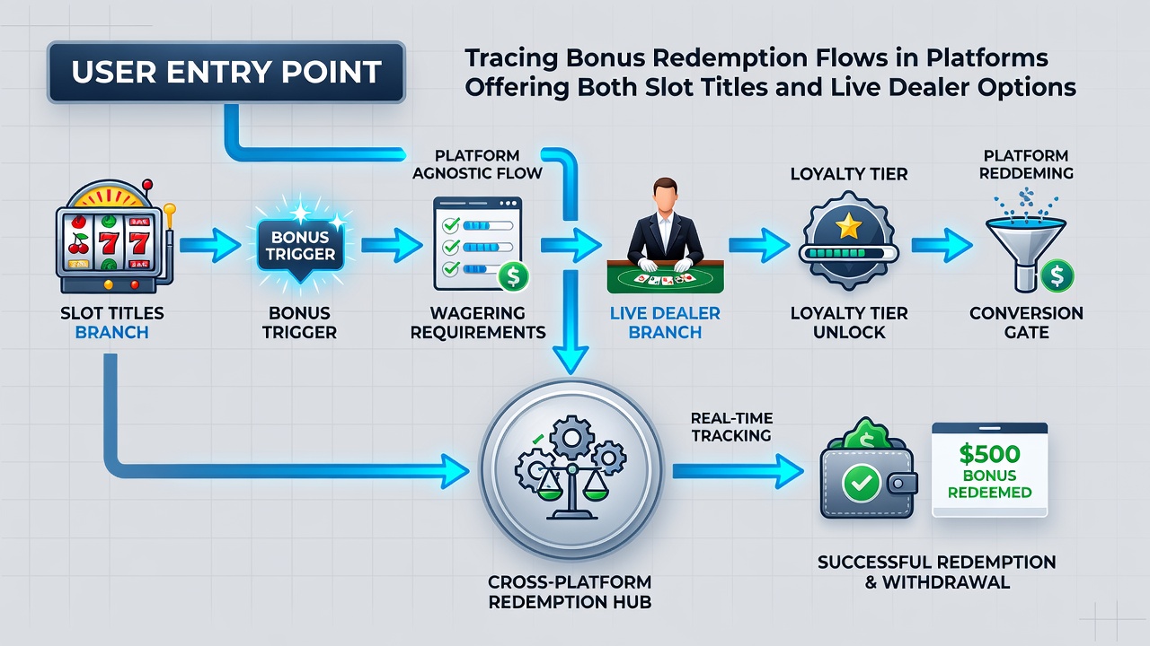 Detailed flowchart illustrating redemption tracking between slot machines and live dealer tables