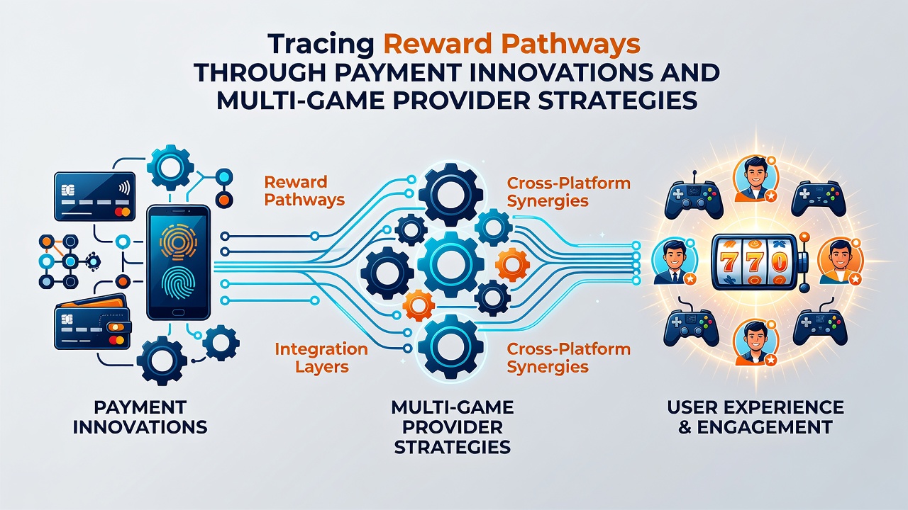 Illustration of interconnected game provider logos linked by payment and reward pathways in a digital casino environment